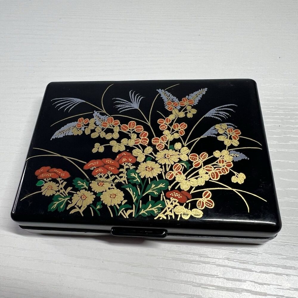 Vintage Black Lacquer Style Floral Trinket Jewelry Pill Box Mirror Made in China